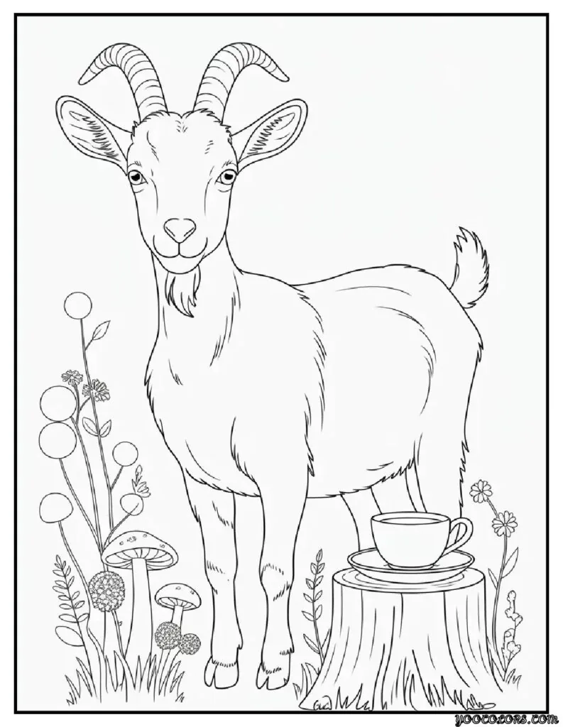 Goat Coloring Pages: Fun, Relaxing & Educational 16 goat coloring pages goat in cottagecore garden goat beside.webp pdf