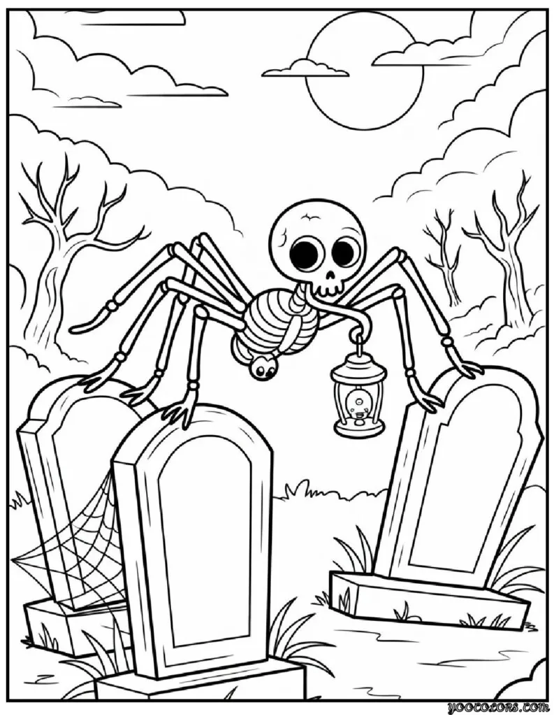 Halloween Coloring Pages Spider: Spooky-Cute Fun for Every Age 7 halloween coloring pages spider Skeleton Spider in a Graveyard.webp pdf