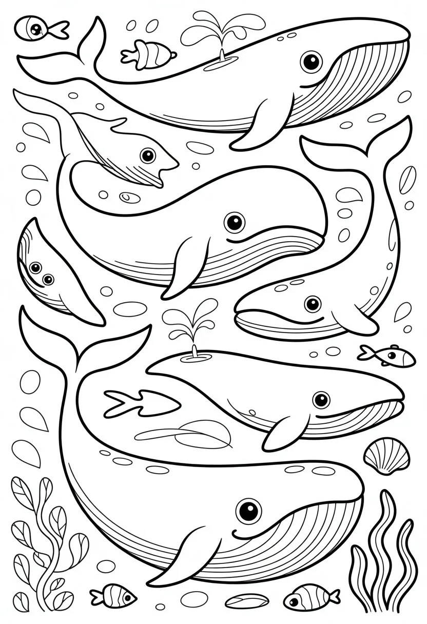 Whale Coloring Pages Printable 10 Best Free Designs for Kids and Adults 7 An underwater scene with several whales swimming and playing among seaweed, fish, and bubbles.