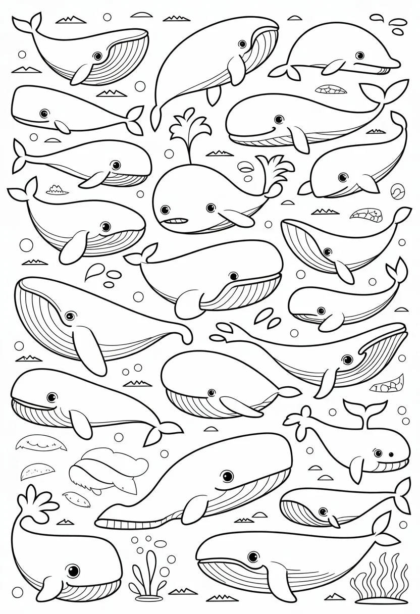 Whale Coloring Pages Printable 10 Best Free Designs for Kids and Adults 8 A collection of thirty different whales in various poses surrounded by waves, bubbles, and sea plants.