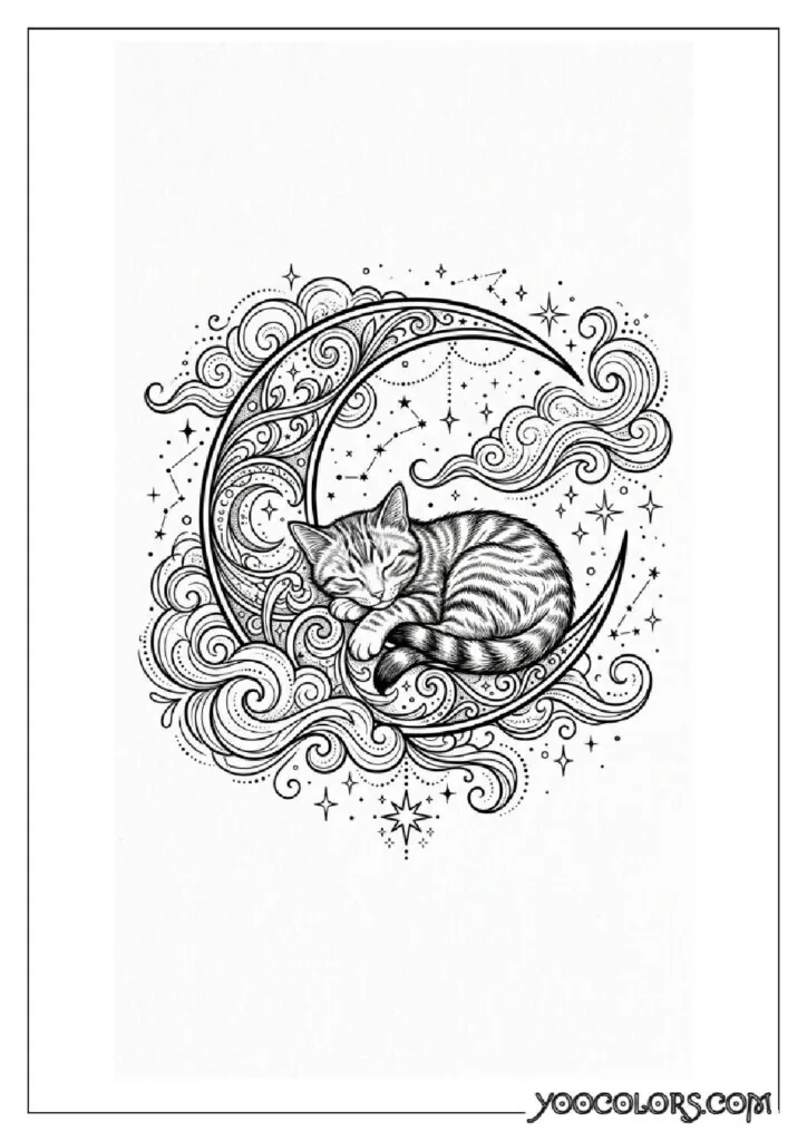 Dope Coloring Pages for Adults: Free Printables to Steal Back Your Quiet Time 5 Crescent moon cradling sleeping cat 202608282024 pdf