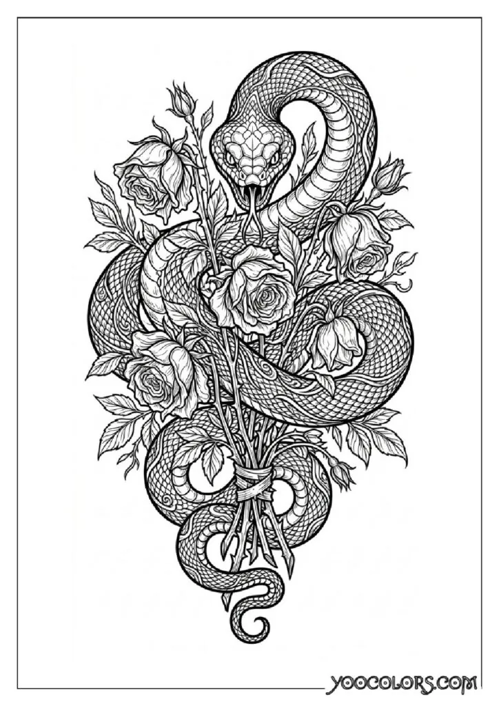Dope Coloring Pages for Adults: Free Printables to Steal Back Your Quiet Time 20 Snake coiled around roses 202608282024 pdf