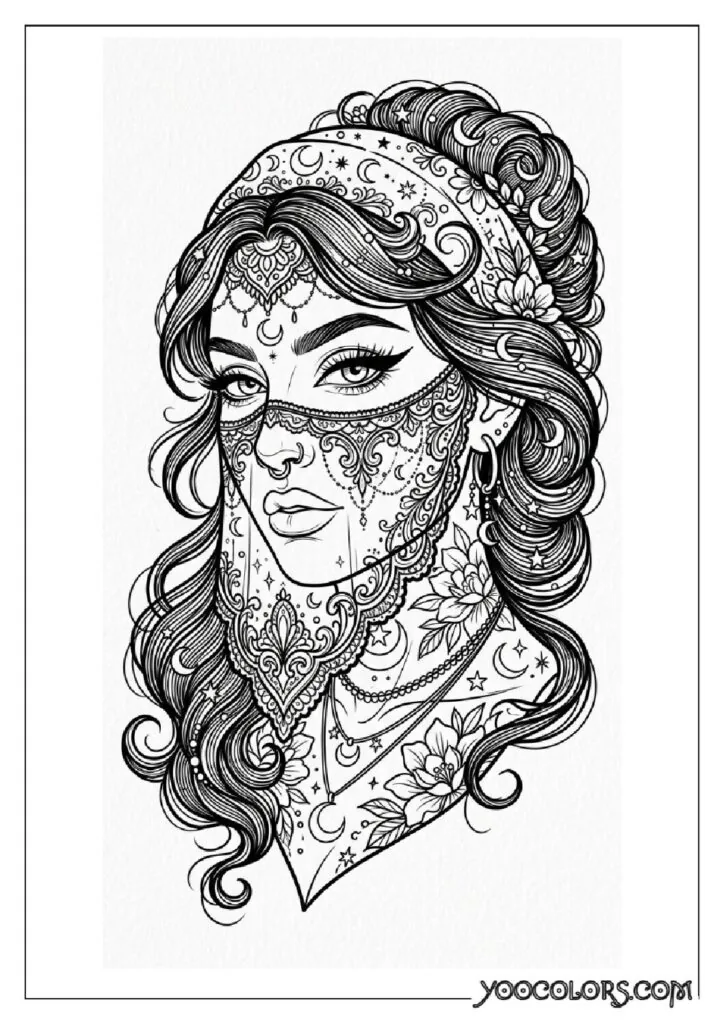 Dope Coloring Pages for Adults: Free Printables to Steal Back Your Quiet Time 22 Woman behind lace veil illustration 202608282024 pdf